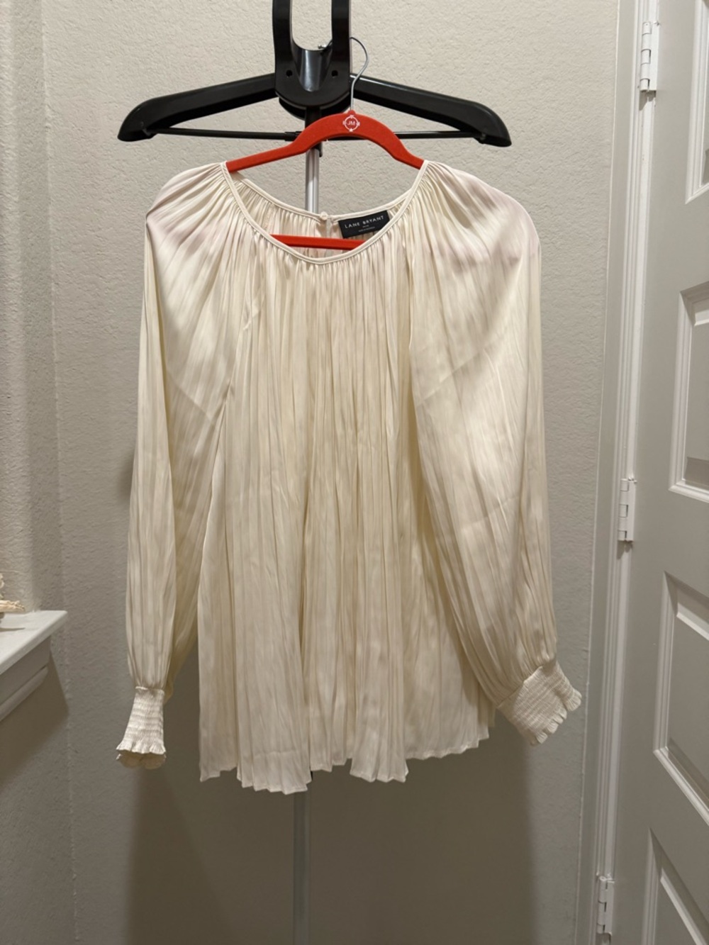 Lane Bryant Cream Pleated Long-Sleeve Blouse
